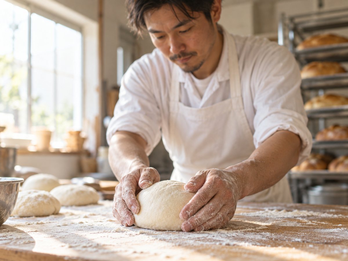 日本人のパン職人が、木の作業台でパン生地を手で成形している