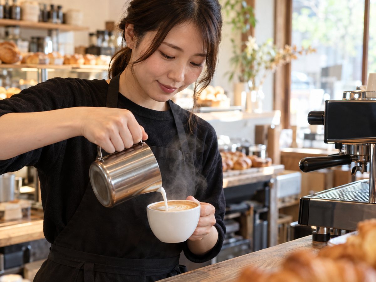 日本人のバリスタがカウンターでカップにミルクを注いでいる