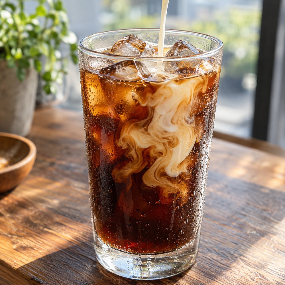氷の入ったグラスの水出しアイスコーヒーに、ミルクをひとすじ注いだところ