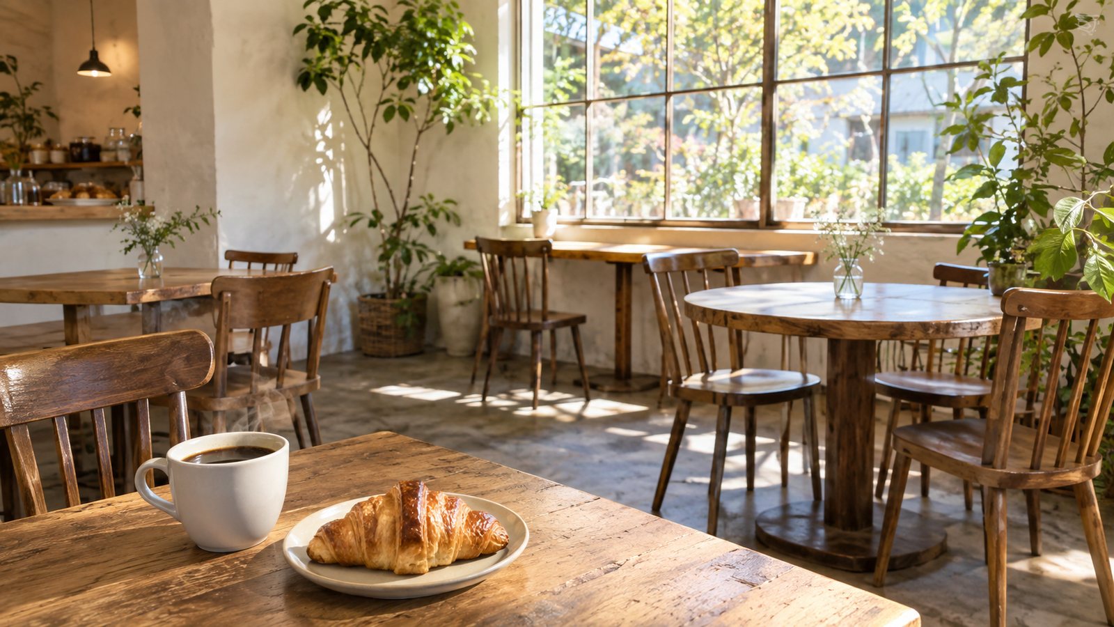 自然光の入る店内の席。木のテーブルと椅子が並ぶ