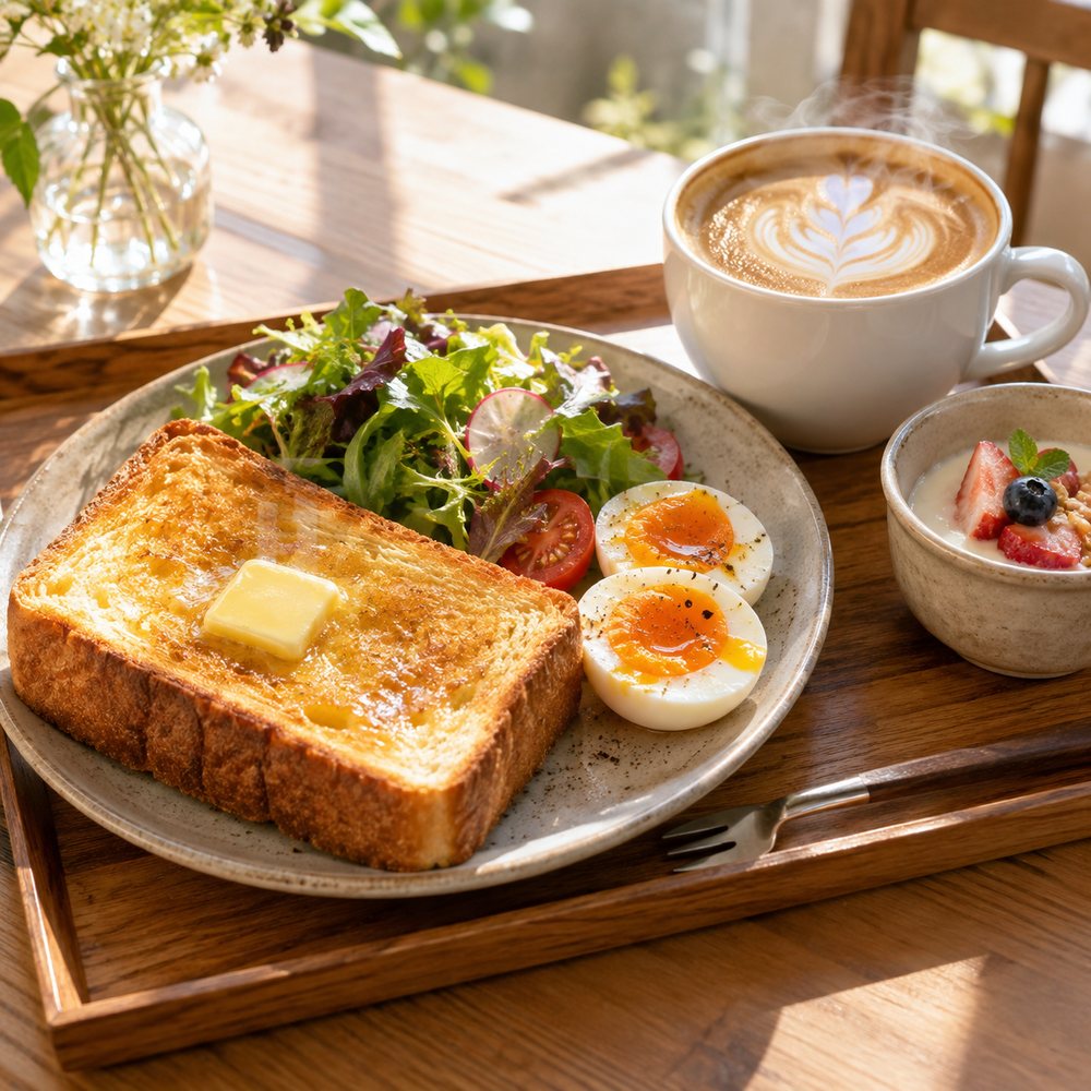 トーストとサラダ、半熟卵とカフェラテが並ぶモーニングセット