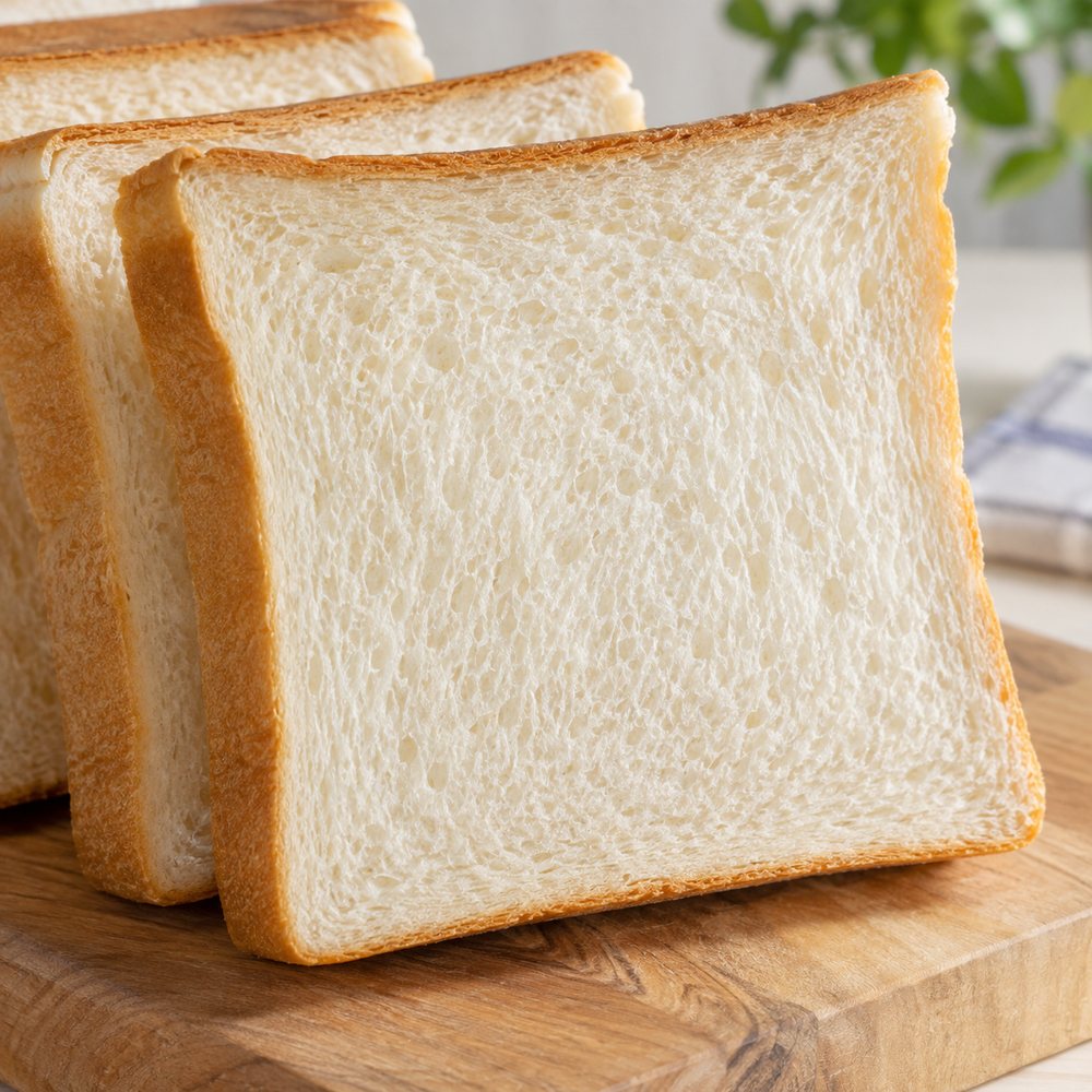 きめ細かい食パンの断面。厚切りにスライスされている