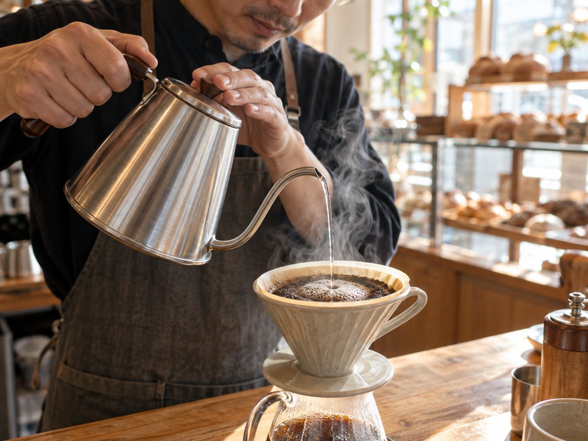 ドリップポットからコーヒーを注ぐ手元。湯気が立ちのぼっている