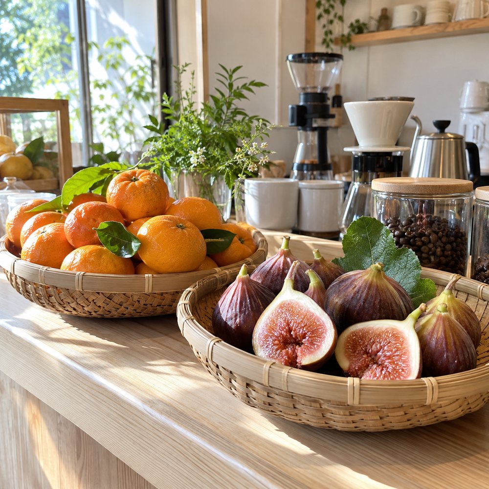 果物が並ぶカウンターと、その奥のコーヒー器具