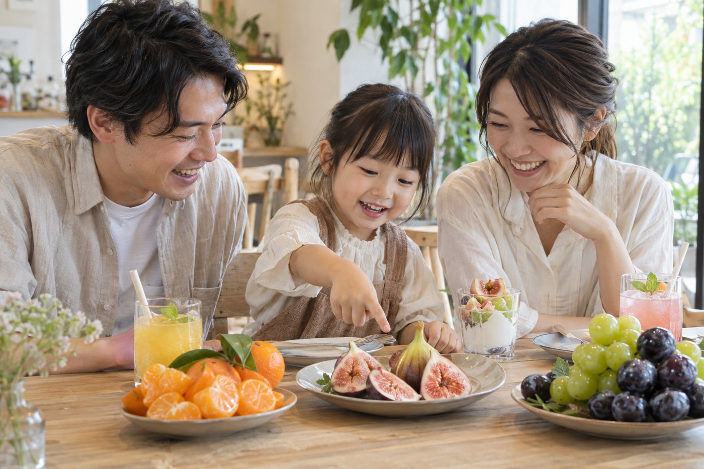 木のテーブルを囲んでフルーツを食べる、日本人の3人家族