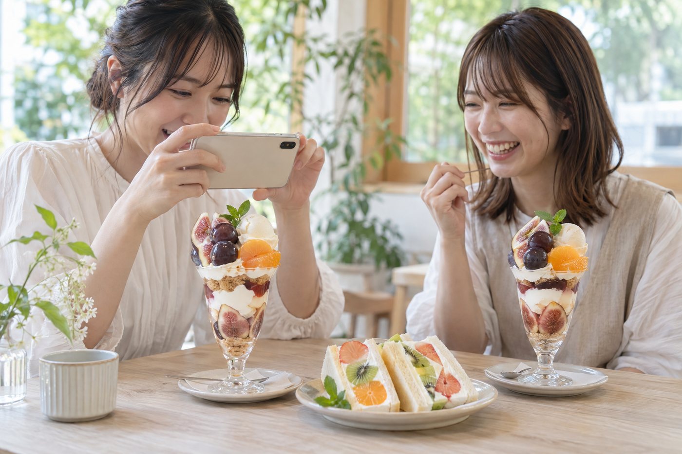 窓際の席で、それぞれのパフェとフルーツサンドを前にスマートフォンで撮影する日本人女性2人