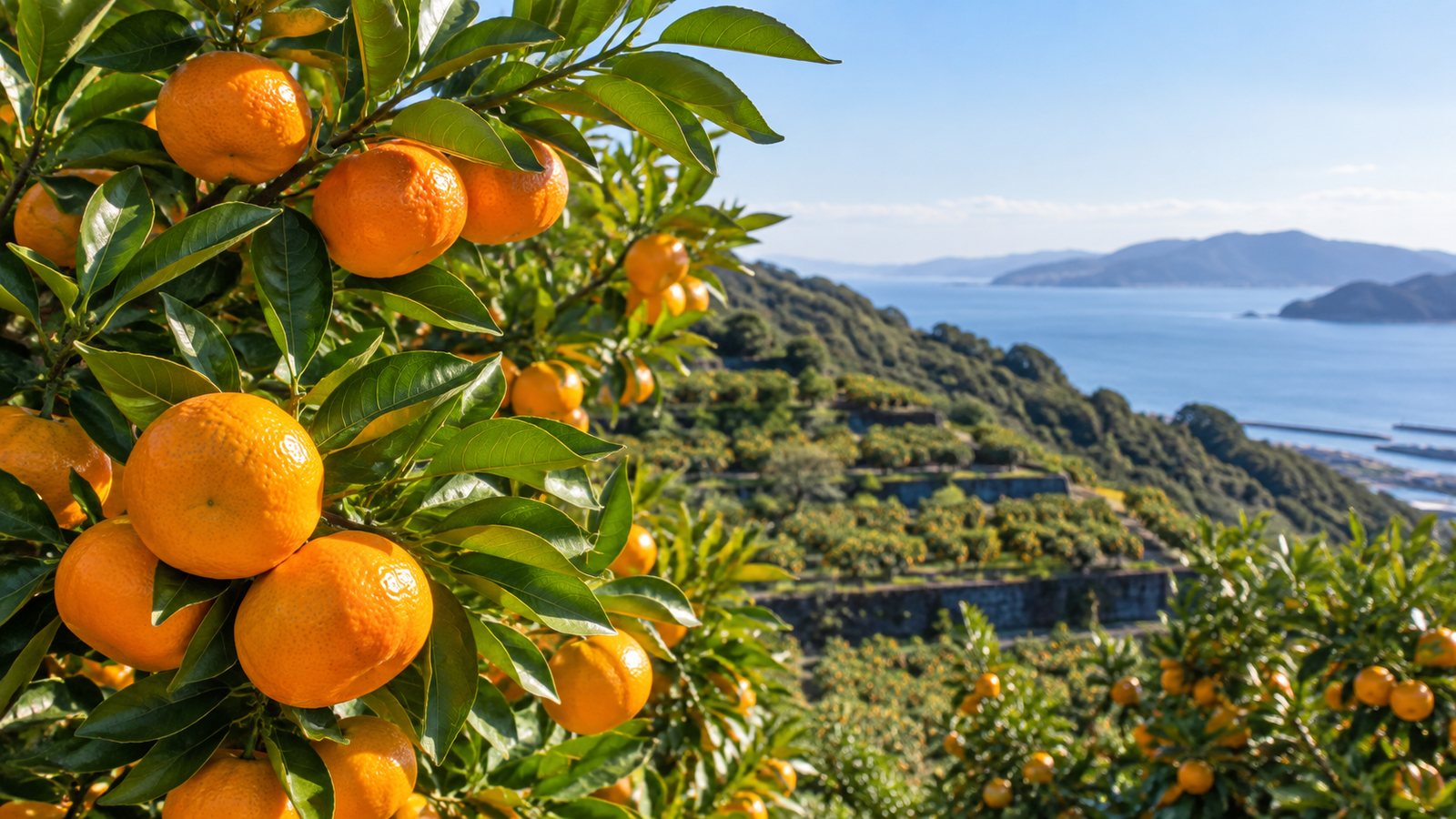枝にたわわに実った有田みかんと、その先に広がる段々畑と海
