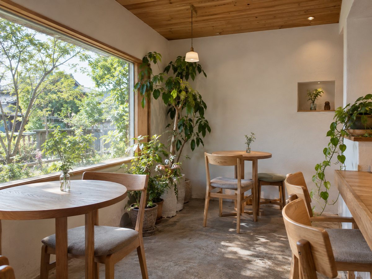 木のテーブルと観葉植物が並ぶ、自然光の入る明るい店内
