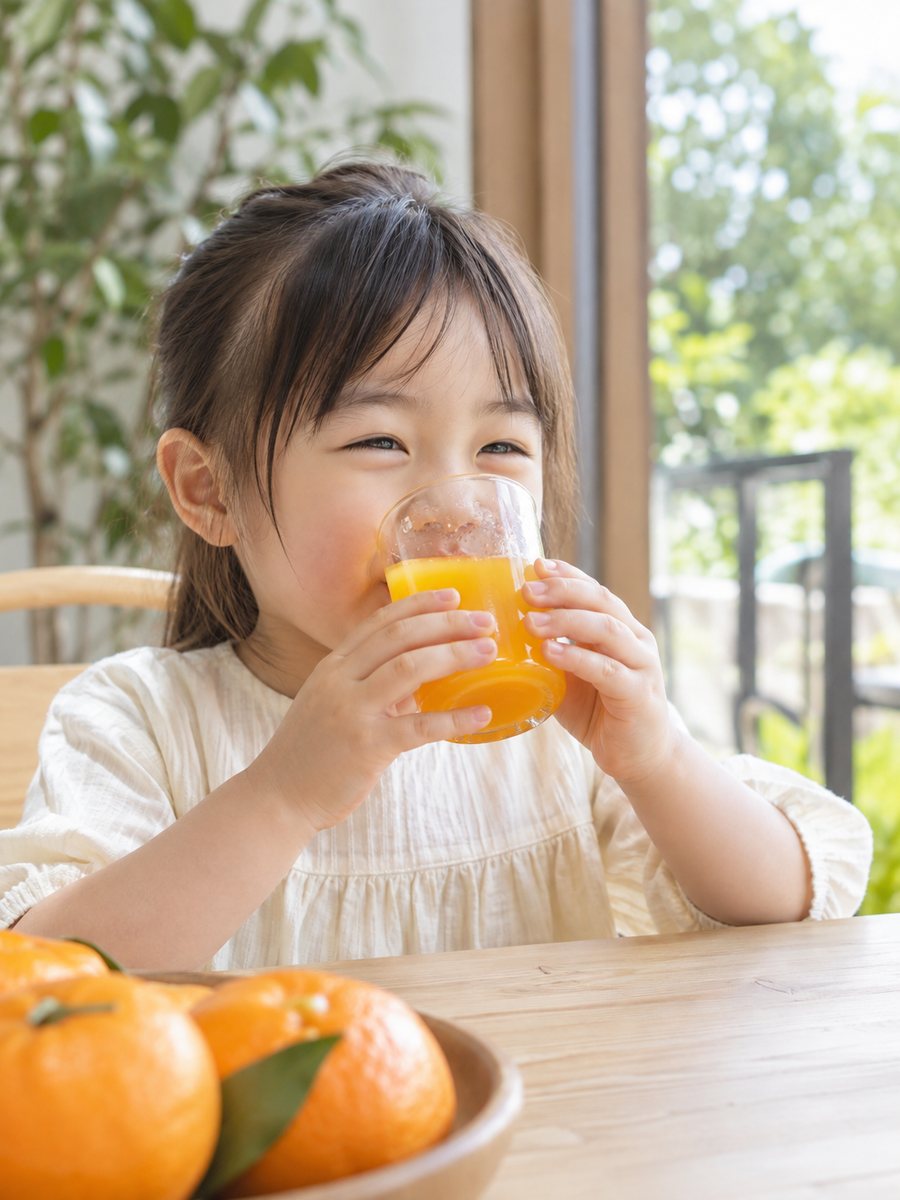 両手でグラスを持ってジュースを飲む、日本人の小さな子ども