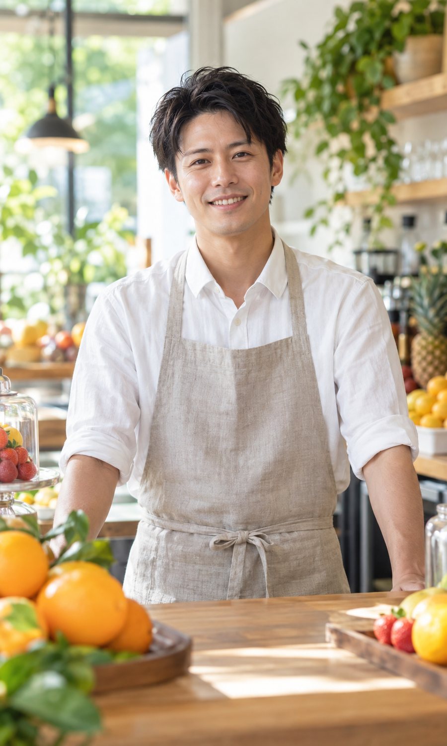 カウンターで爽やかに微笑む、生成りのエプロンをつけた20代の日本人男性スタッフ