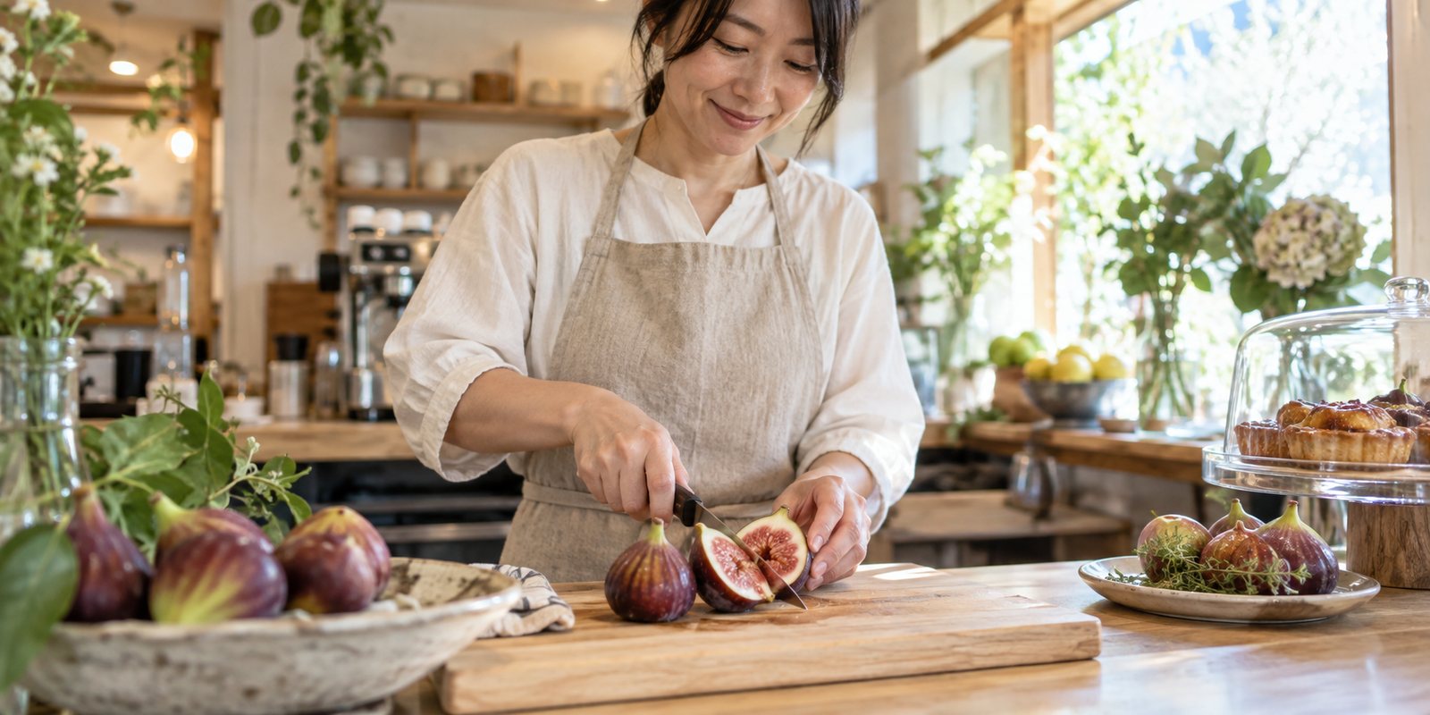 カウンターで果物を切る、日本人の女性店主